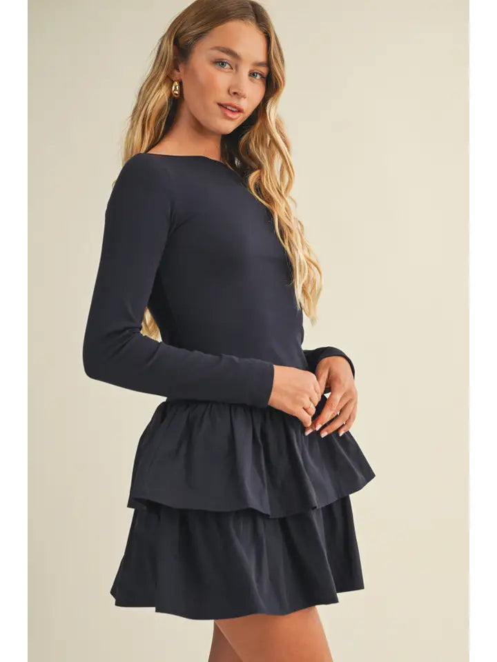 Shadow Blue Boat Neck Tiered Ruffle Dress