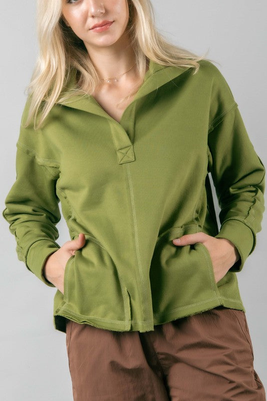 Olive Collared Fleece Knit Top