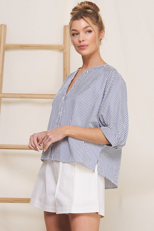 Navy Pinstripe Dolman Blouse