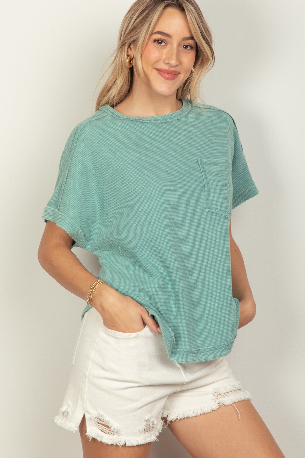 Teal Waffle Top