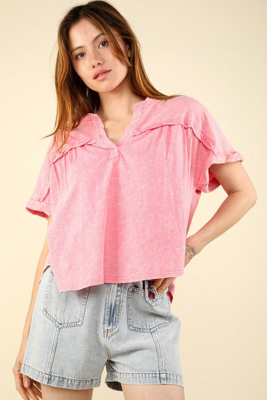 Pink Split Neck Washed Top