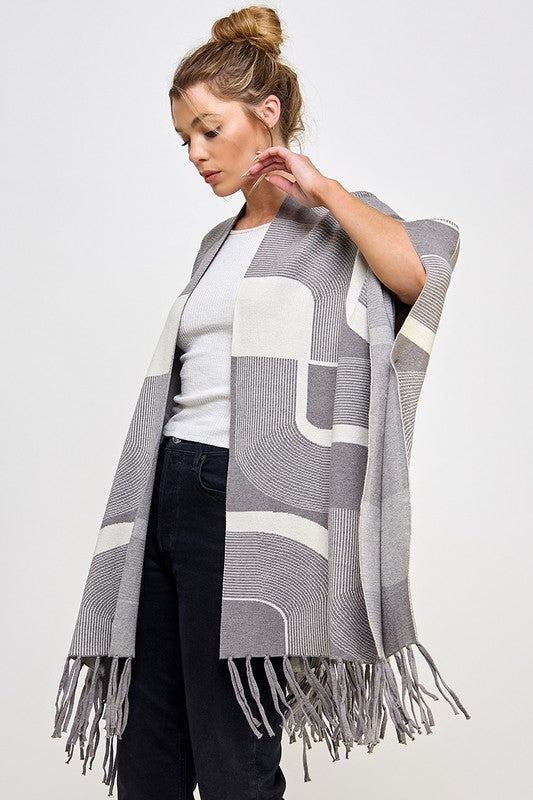 French Silver Geo Fringed Pancho