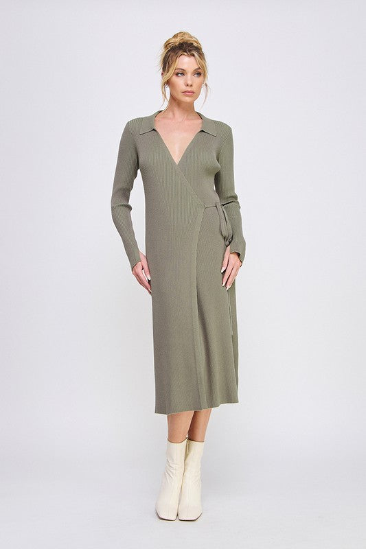 Martini Olive Fine Gauge Wrap Sweater Dress