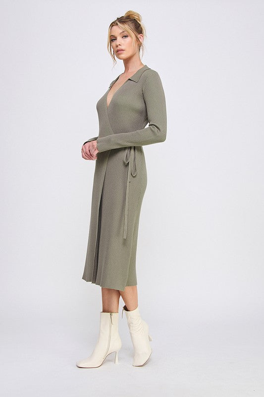 Martini Olive Fine Gauge Wrap Sweater Dress