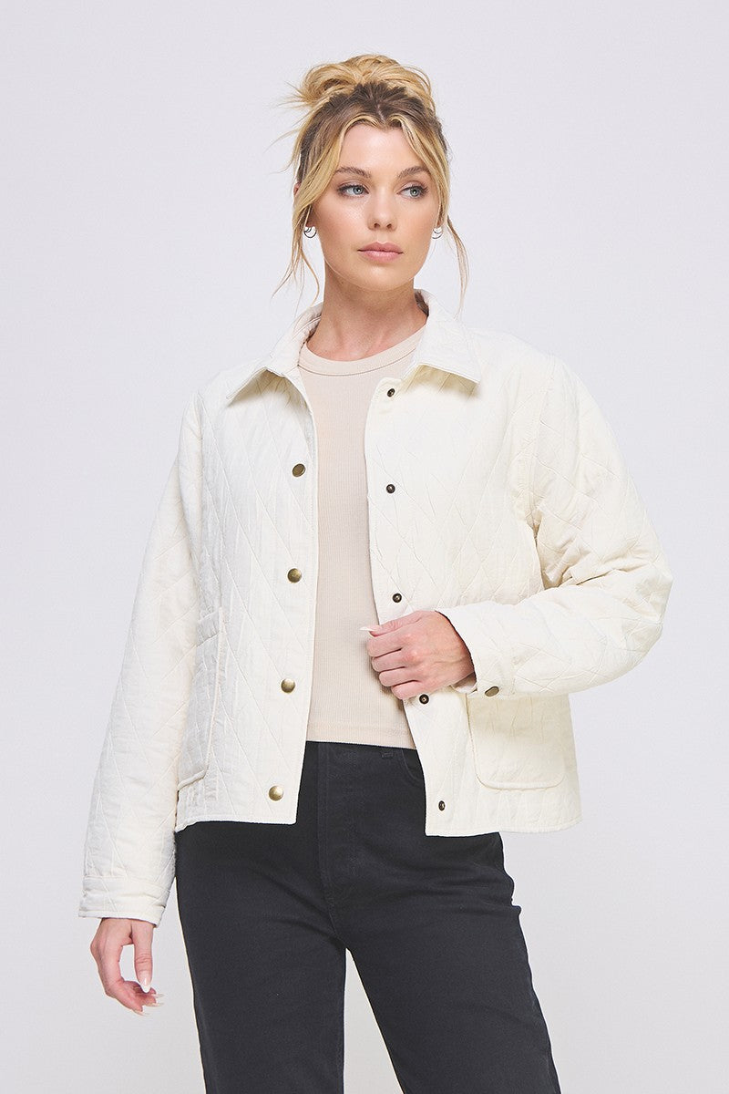 Cream Textured Quilted Jacket W/Pockets