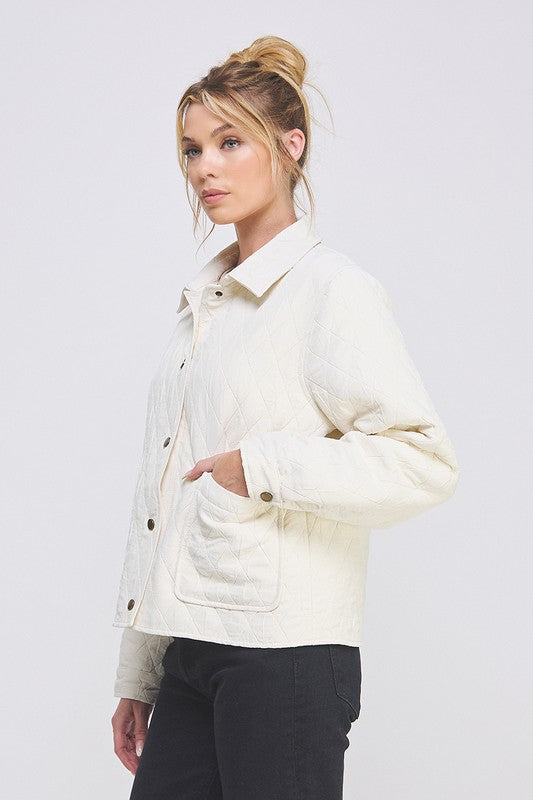 Cream Textured Quilted Jacket W/Pockets