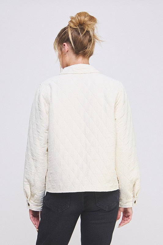 Cream Textured Quilted Jacket W/Pockets