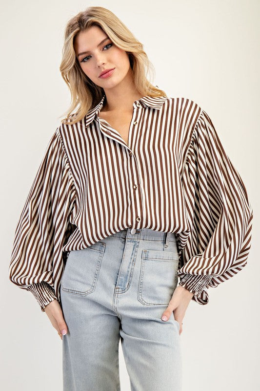 Brown Striped Bubble Sleeve Blouse