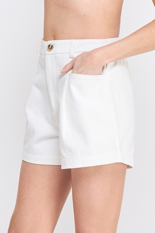 White Twill Box Pleat Shorts w/pockets
