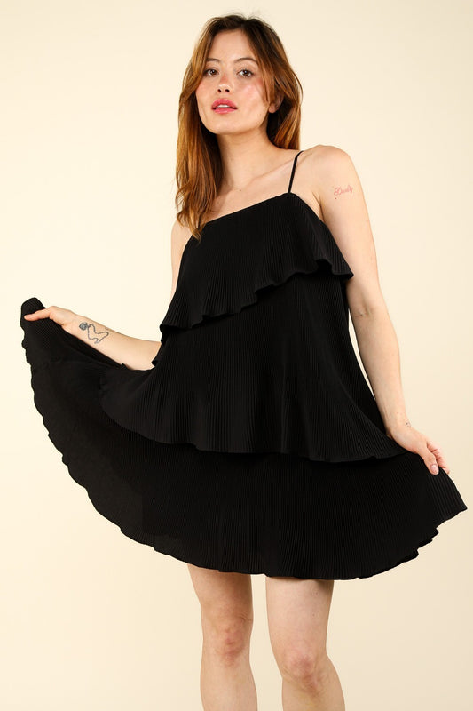 Black Pleaded Tiered Mini Dress