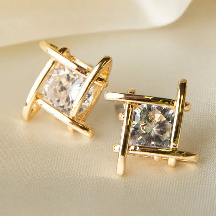 Linked Square Cubic Zirconia Dazzler Stud Earrings