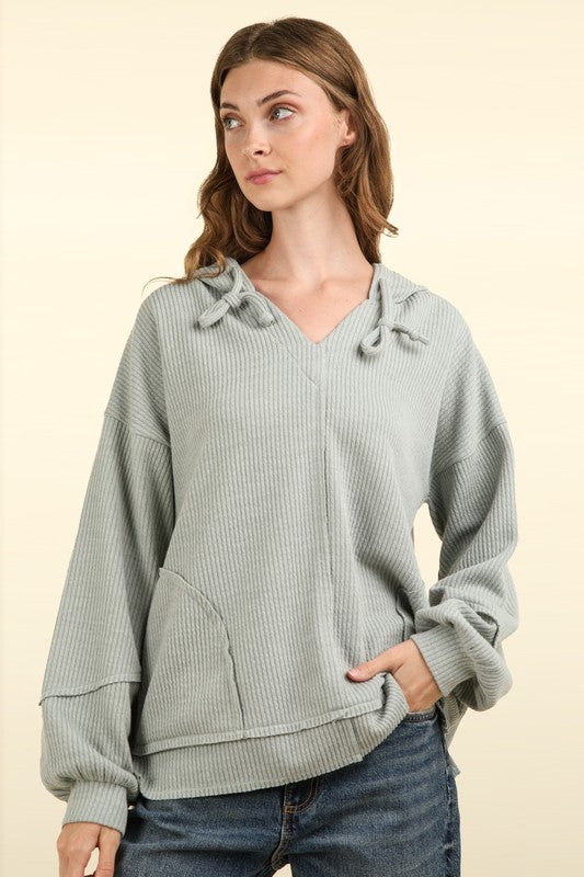 Sage Knit Hoodie Top W/ Pockets