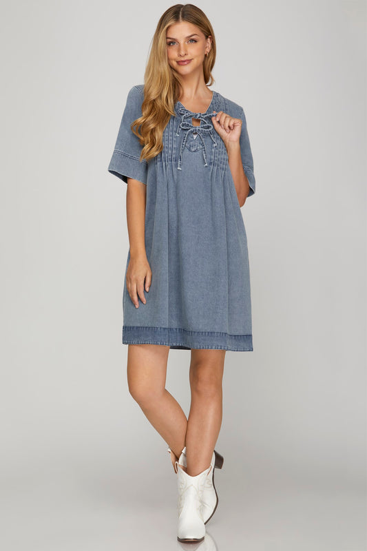 Washed Denim Dress w/Pockets