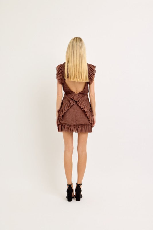 Brown Ruffle & Cutout Mini Dress