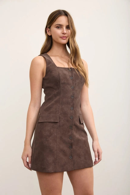 Brown Square Neck Suede Mini Dress
