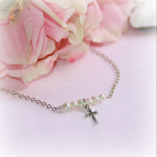 Rhodium Cross with Freshwater Pearls Necklace