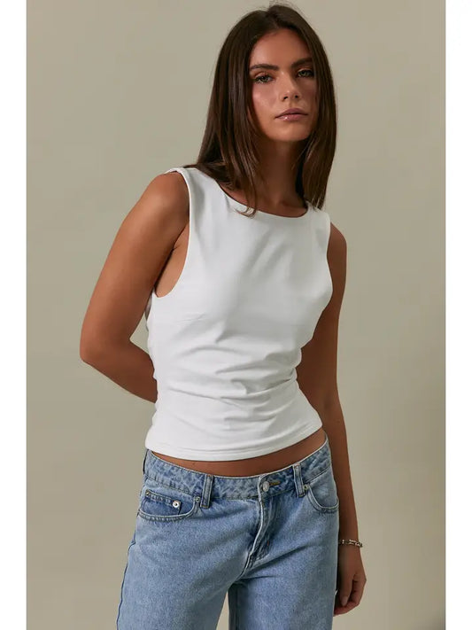 White High Neck Cowl Back Top