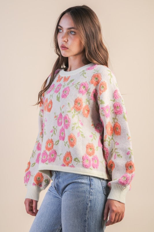 Cream Floral Textured Knit Sweater