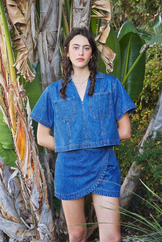 Washed Denim Wrap Mini Skort
