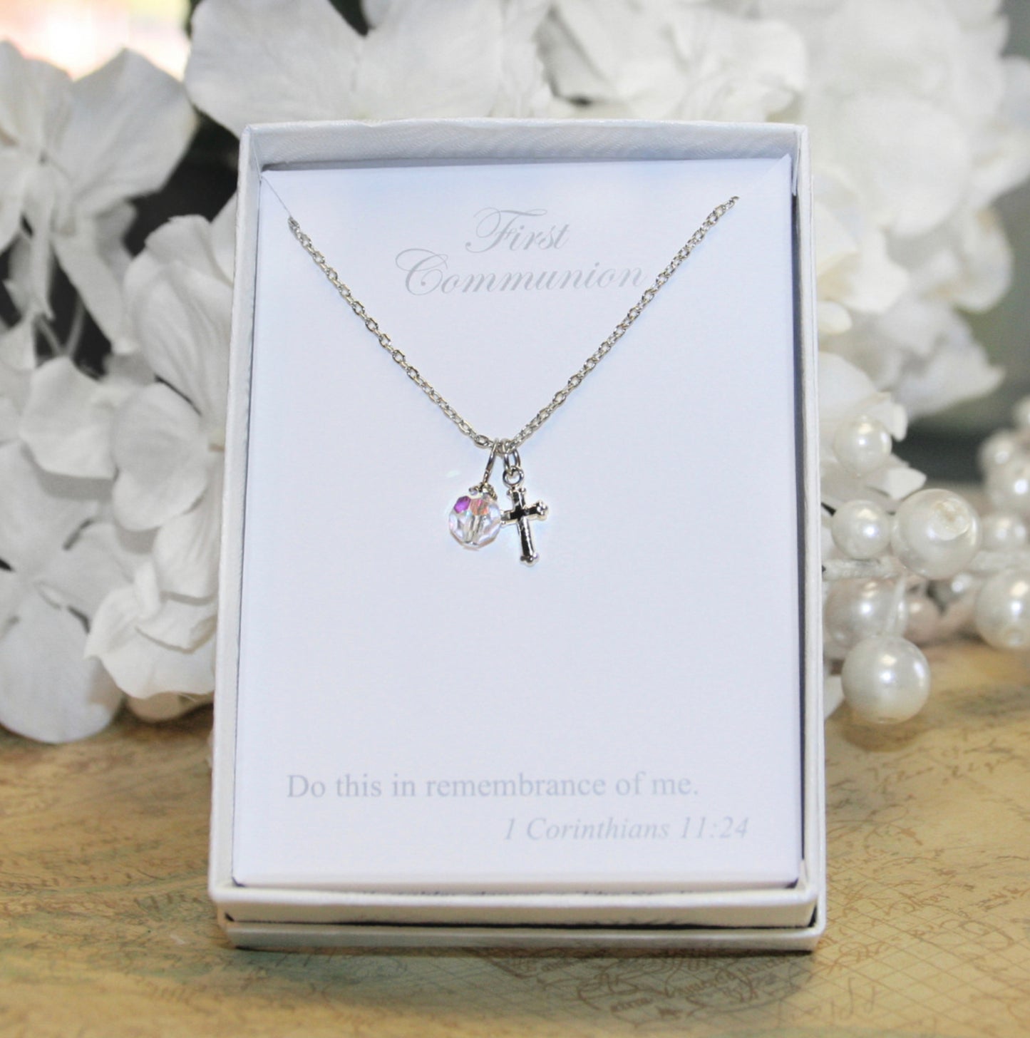 First Communion Rhodium Cross Crystal Necklace