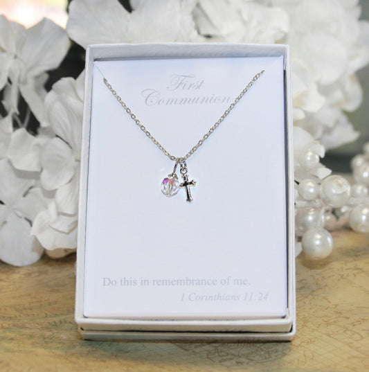 First Communion Rhodium Cross Crystal Necklace