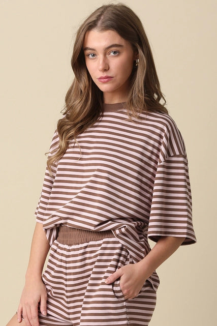 Pink/Brown Striped Relaxed-Fit Top & Shorts Set