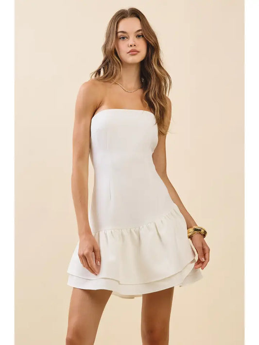White Strapless Ruffle Tiered Mini Dress