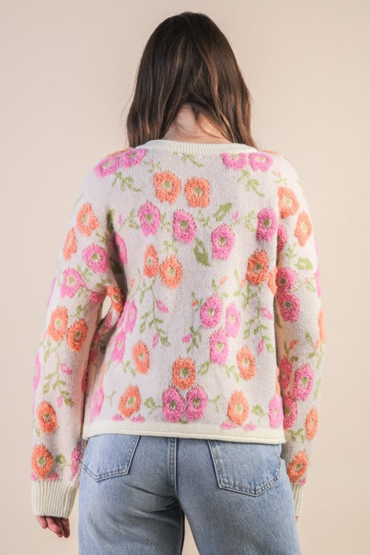 Cream Floral Textured Knit Sweater