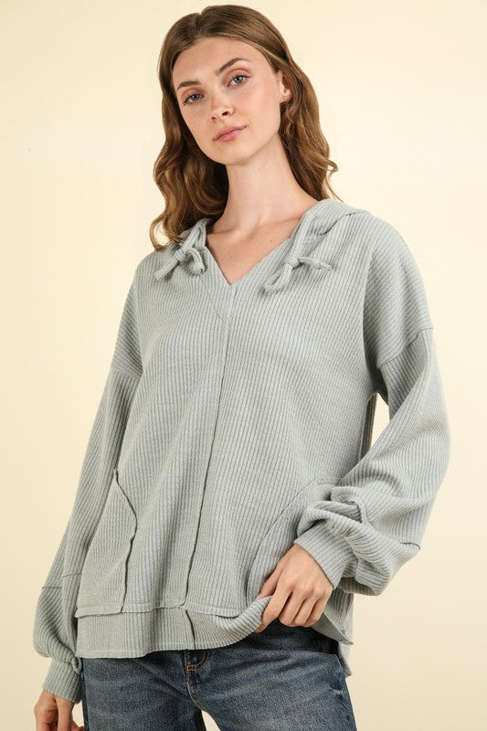 Sage Knit Hoodie Top W/ Pockets