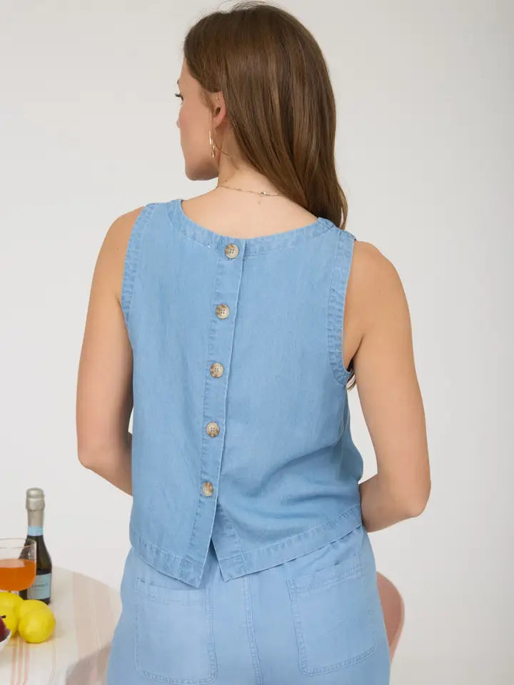 Back Button Sleeveless Chambray Top