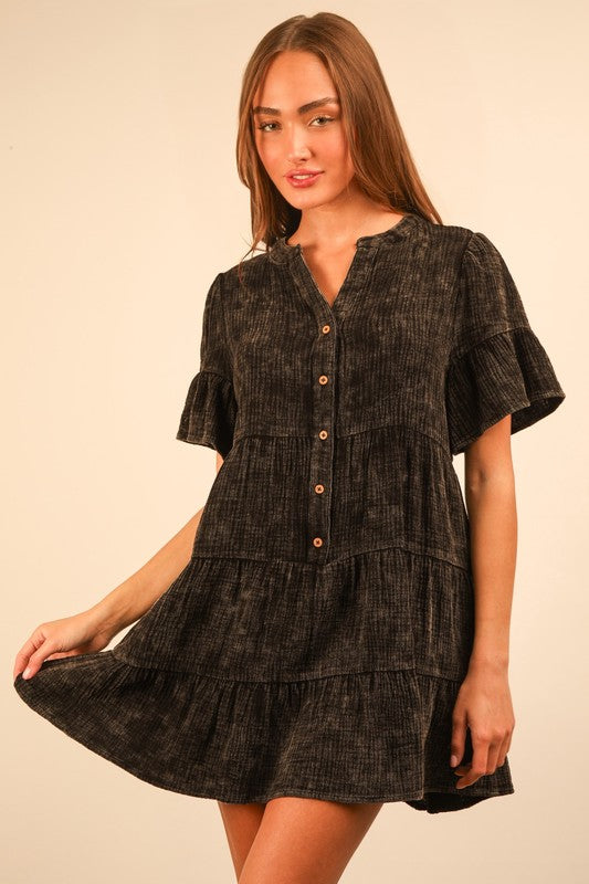 Black Mineral Washed Bell Sleeve Dress
