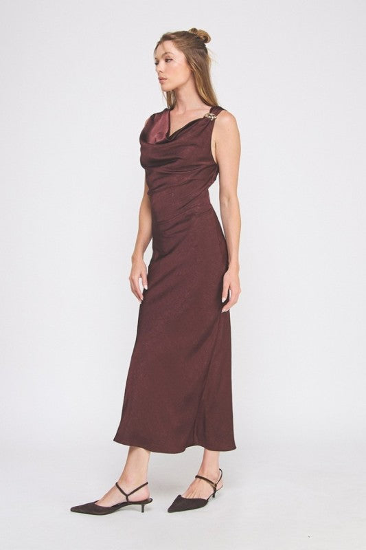 Drk Fig Satin Draped Dress w/ Brooch Detail