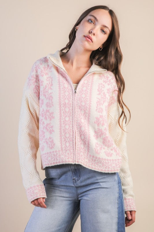 Rose Ecru Zip Up Cardigan