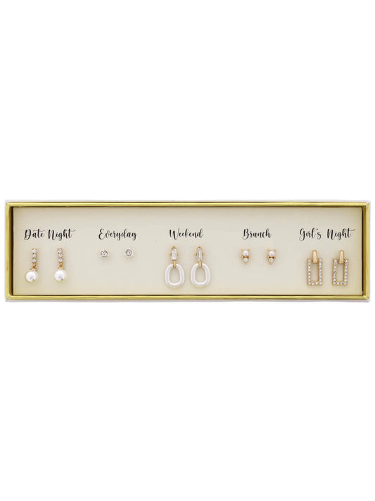 Boxed 6 Earring Set, Pearl, Crystal, Loop, Pearl & Crystal
