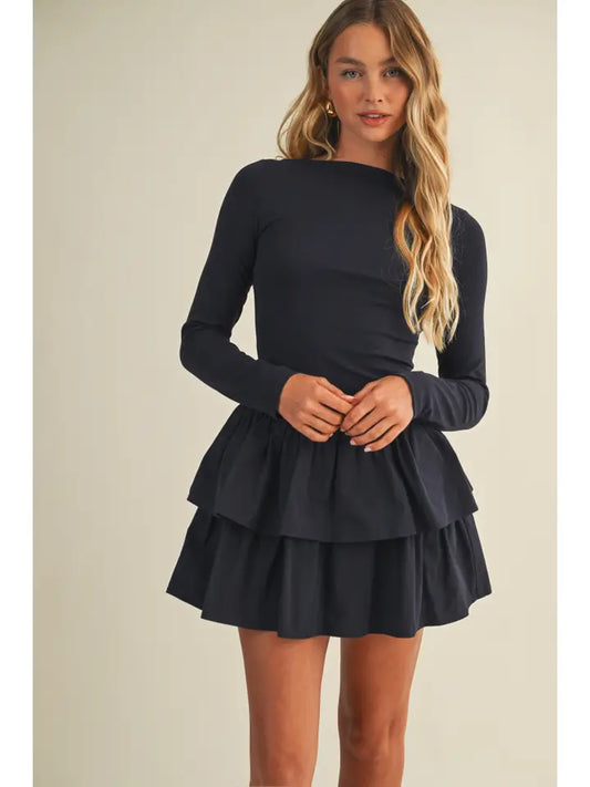 Shadow Blue Boat Neck Tiered Ruffle Dress