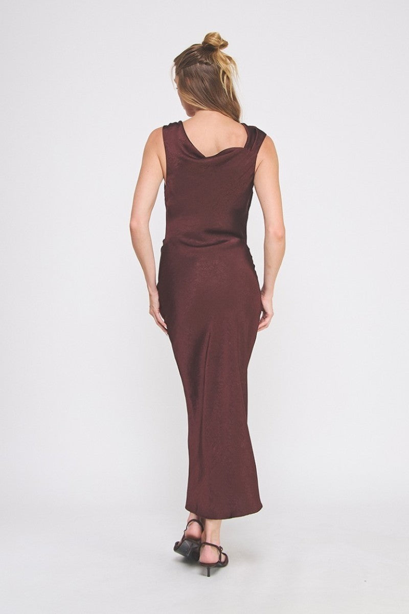 Drk Fig Satin Draped Dress w/ Brooch Detail
