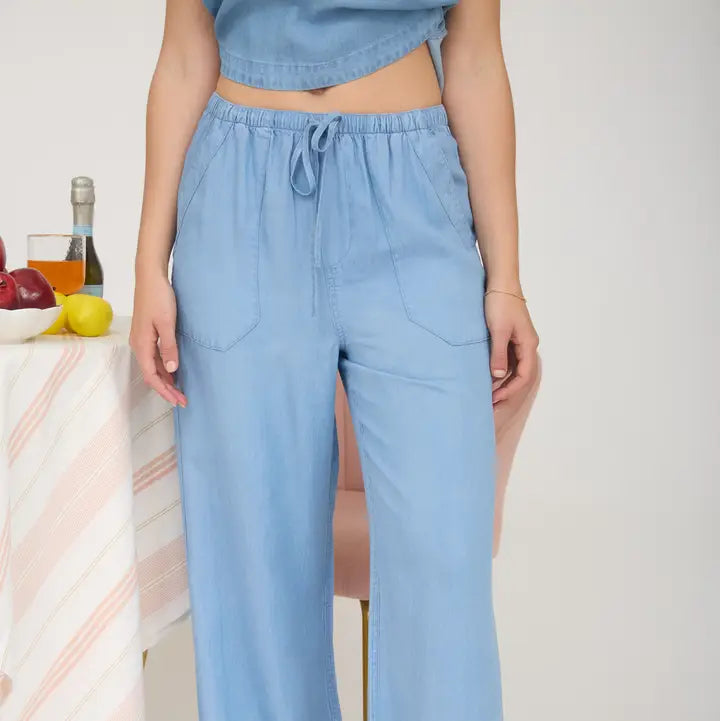 Chambray Drawstring Wide Leg Pants
