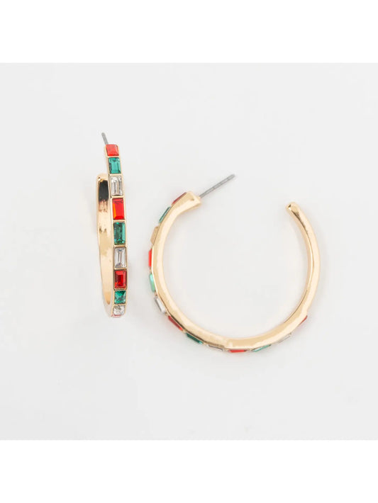 Holiday C-Hoop Christmas Baguette Rhinestone Hoop Earrings