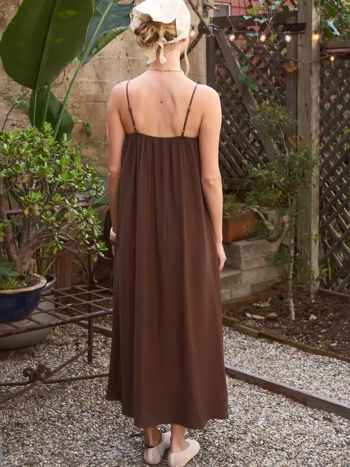 Brown Pleated Pintuck Spaghetti Strap Maxi Dress