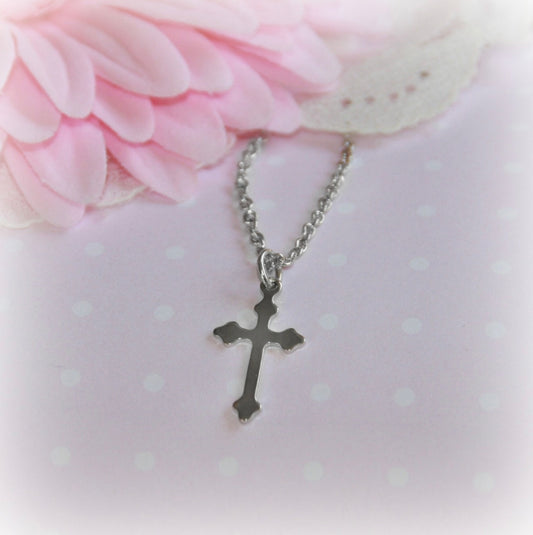 Plain High Rhodium Cross Necklace