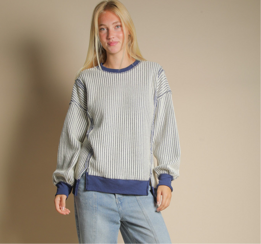 Navy Waffle Knit Top