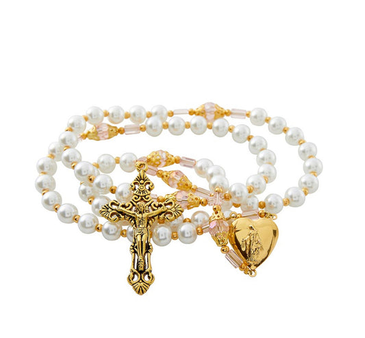 Pearl Wire Strung Heart Locket Rosary