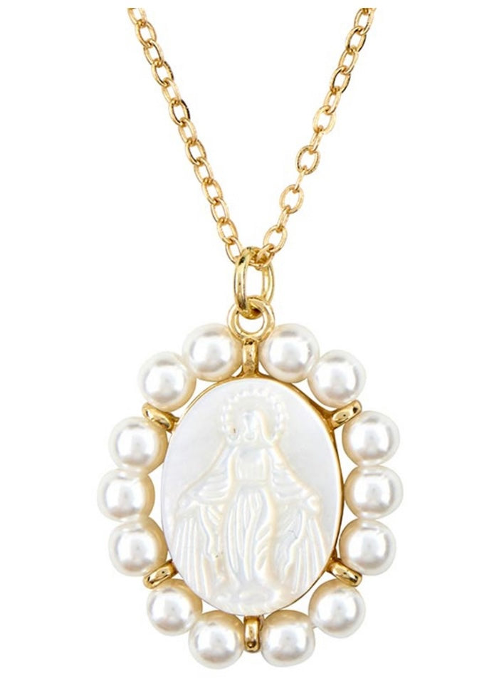 Oval Pearl Border Our Lady of Grace Necklace