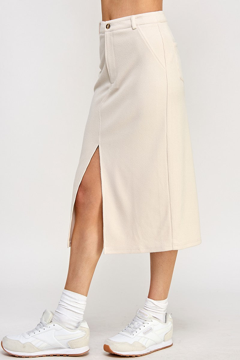 Creme Corduroy Slit Skirt