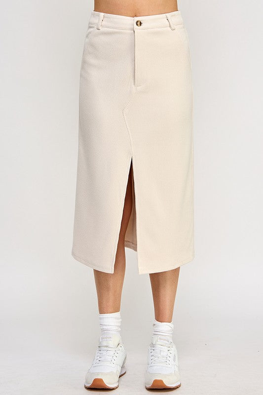 Creme Corduroy Slit Skirt