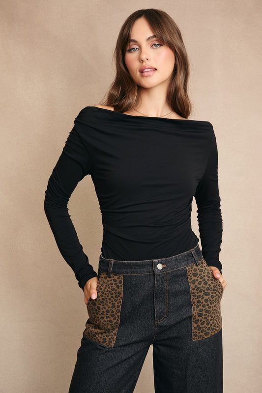 Black Off The Shoulder Long Sleeve w/Ruching Top