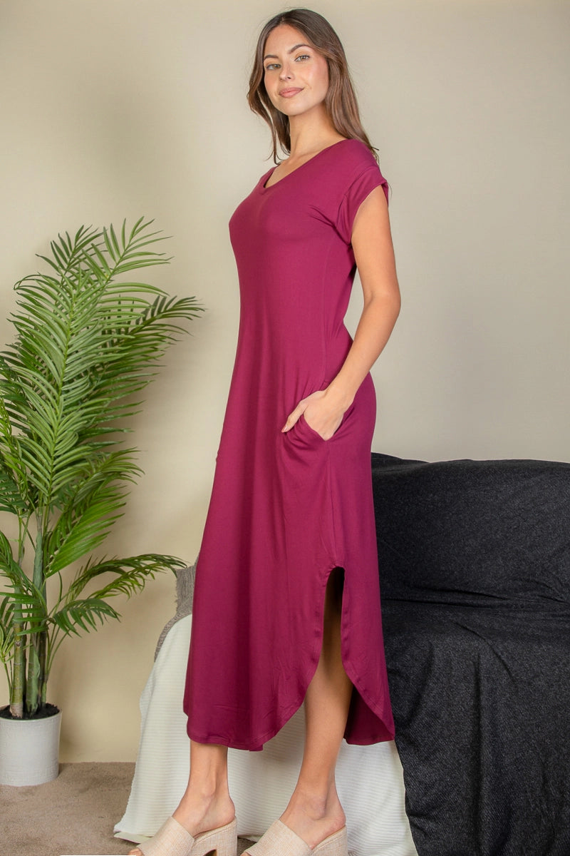 Burgundy Batwing Sleeve Dress W/Pockets