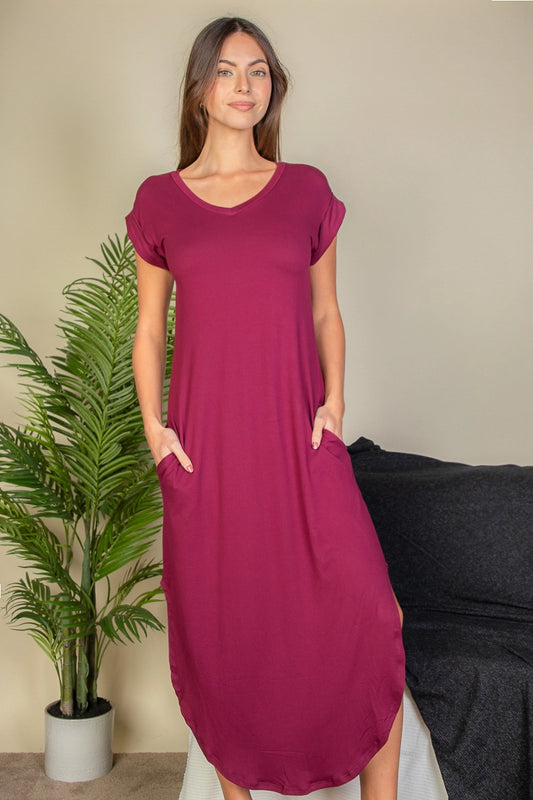 Burgundy Batwing Sleeve Dress W/Pockets