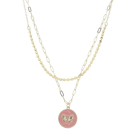 18" 2 Layered Butterfly on Pink Circle Necklace, 3" Ext