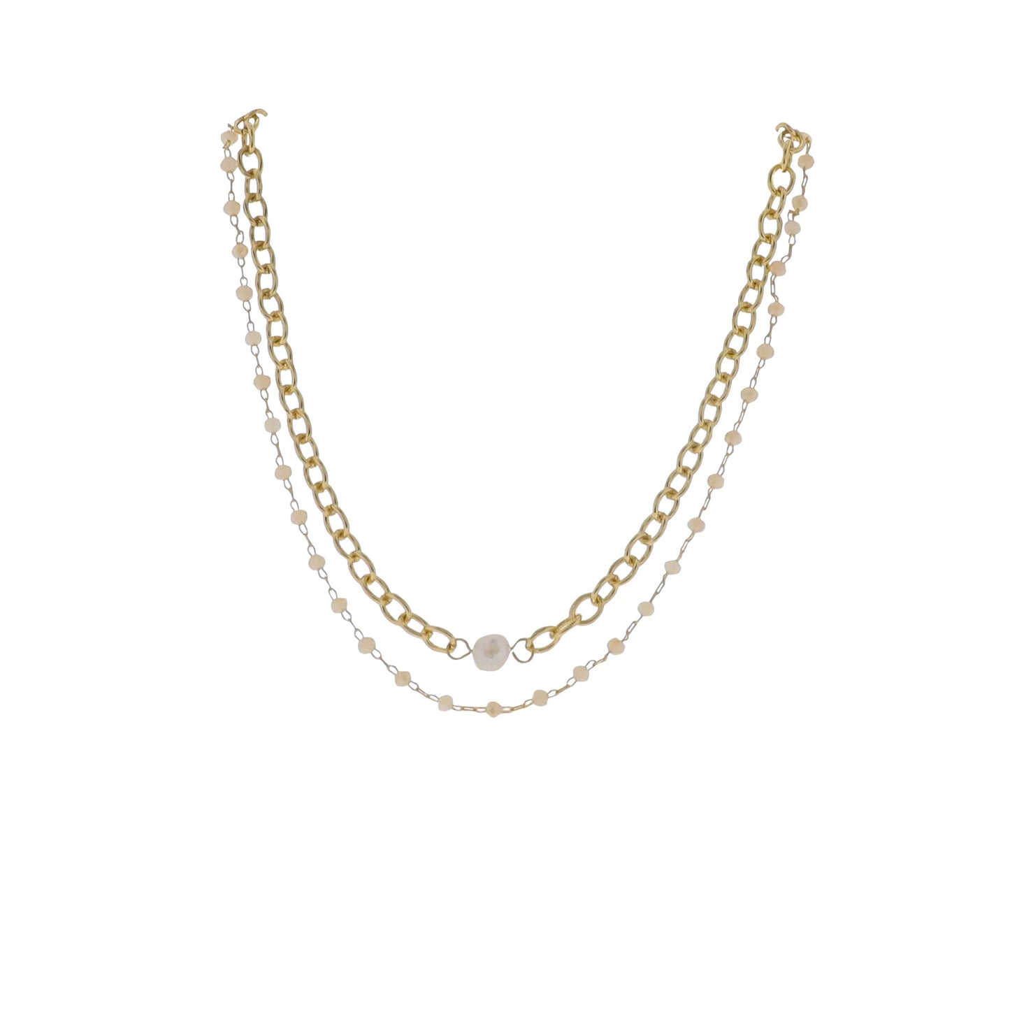 15" 18K Gold Plated Gold & Champagne Oval Beaded & Chain 2 Layer Necklace with Pearl Pendant